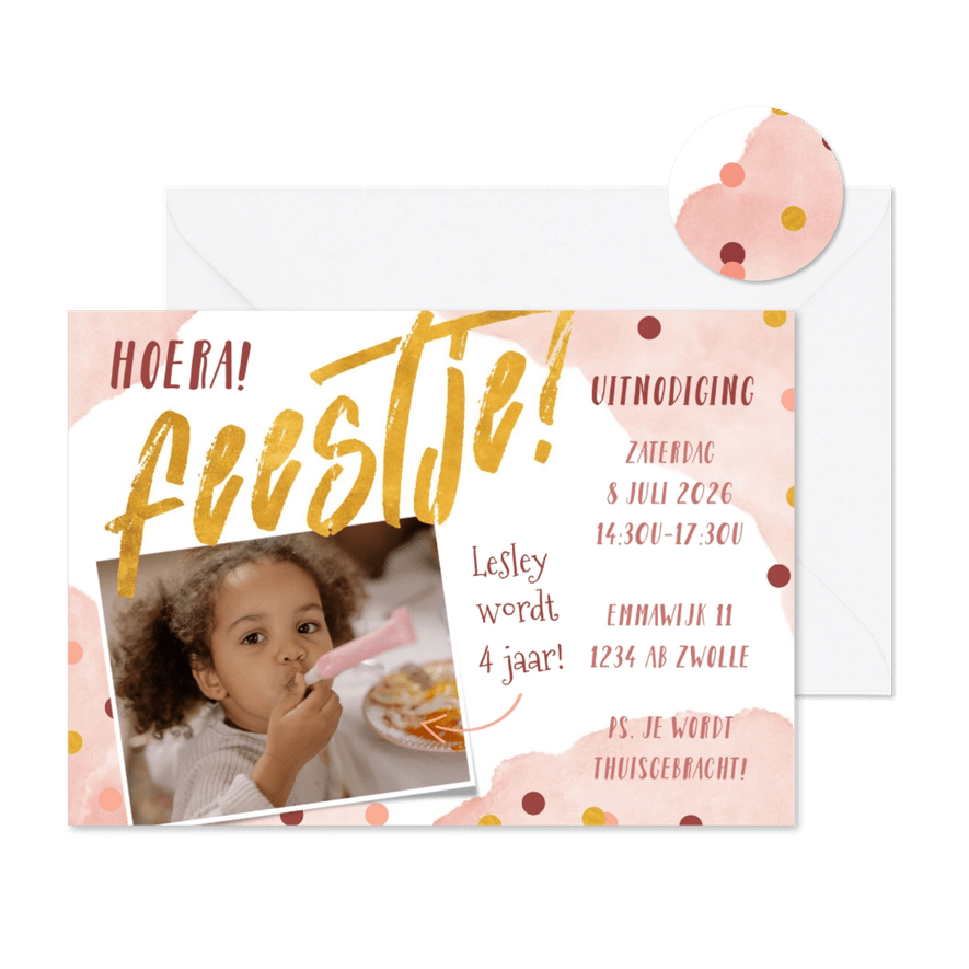 Uitnodiging kinderfeestje roze met waterverf en confetti - Kaartimpressie