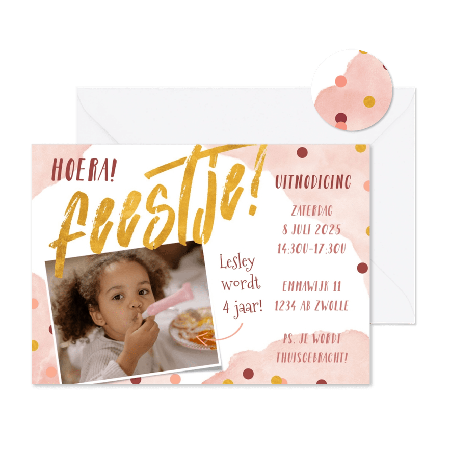 Uitnodiging kinderfeestje roze met waterverf en confetti - Kaartimpressie