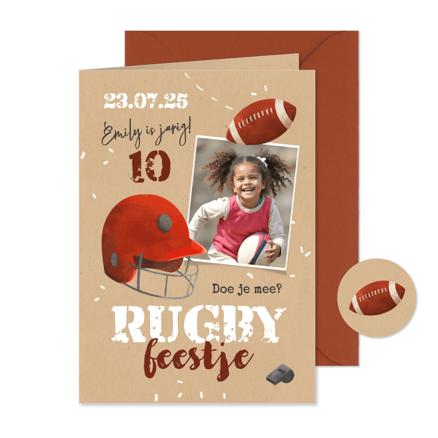 Uitnodiging kinderfeestje rugby stoer foto - Kaartimpressie
