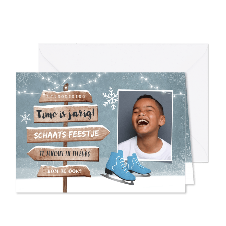 Uitnodiging kinderfeestje schaatsen wegwijzers foto - Kaartimpressie