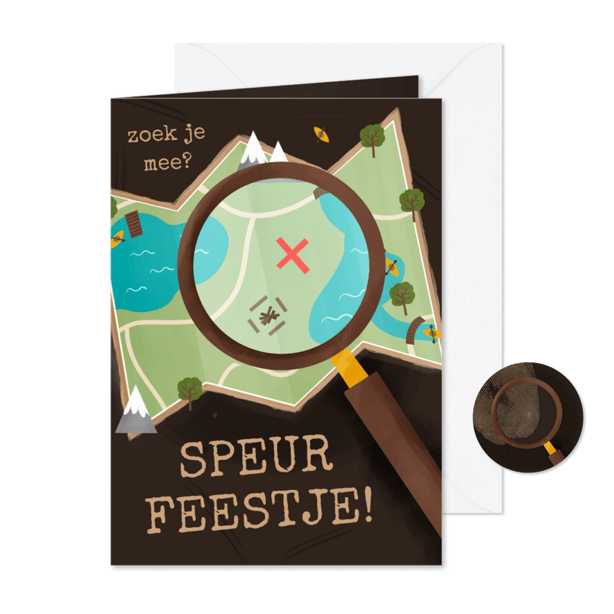 Uitnodiging kinderfeestje speurtocht landkaart loep - Kaartimpressie