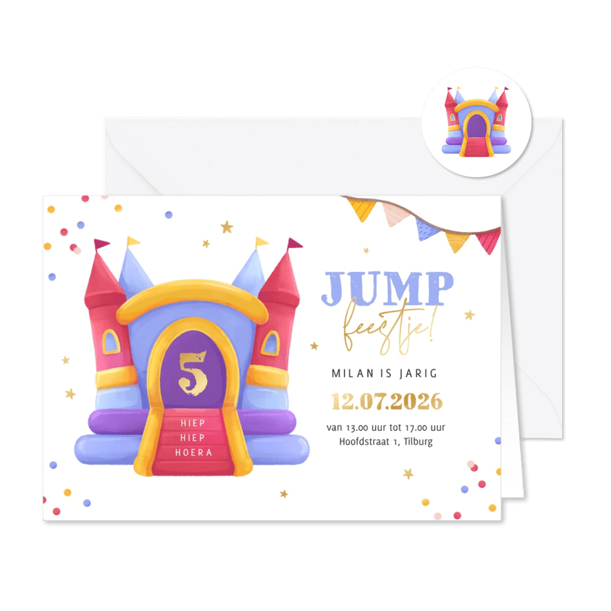 Uitnodiging kinderfeestje springkussen confetti slingers - Kaartimpressie