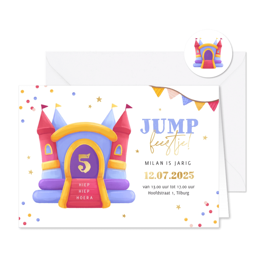 Uitnodiging kinderfeestje springkussen confetti slingers - Kaartimpressie