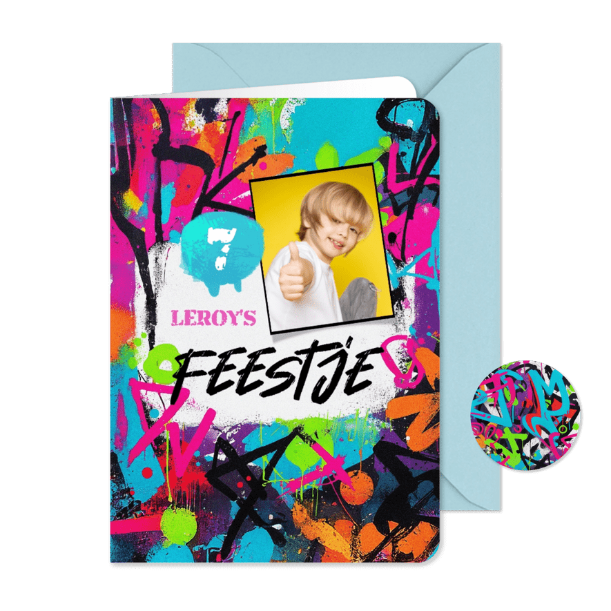 Uitnodiging kinderfeestje stoer graffiti kleurrijk hip foto - Kaartimpressie