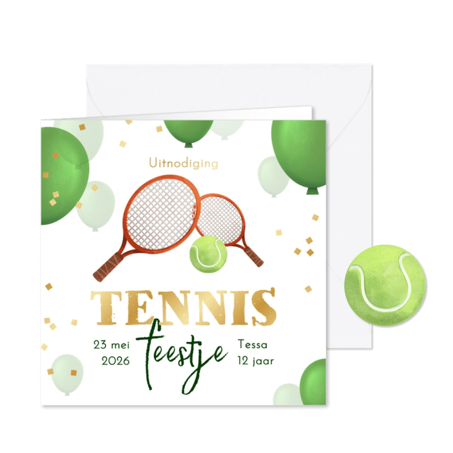Uitnodiging kinderfeestje tennis ballonnen confetti - Kaartimpressie