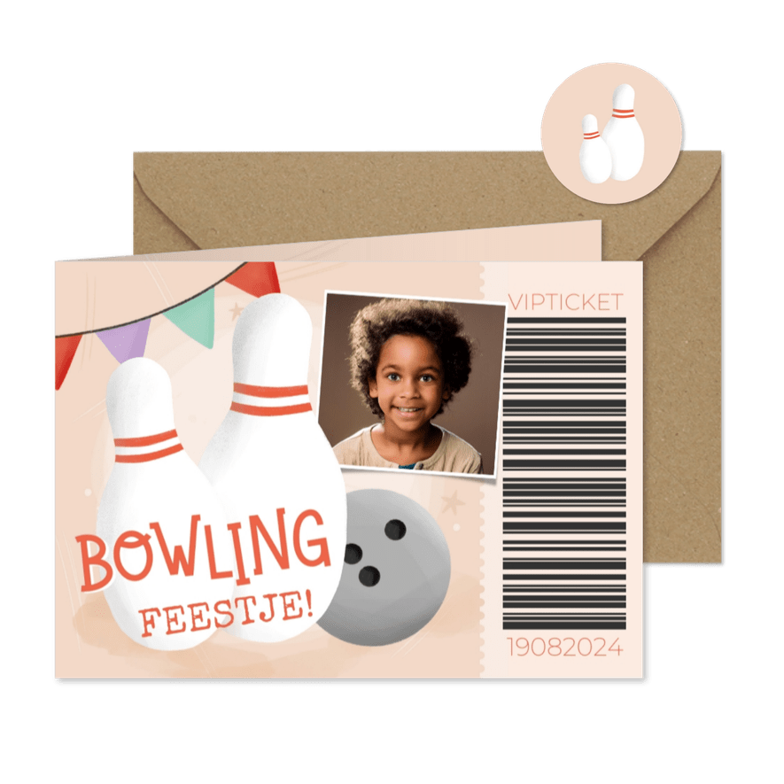 Uitnodiging kinderfeestje ticket bowlingfeestje kegels foto - Kaartimpressie