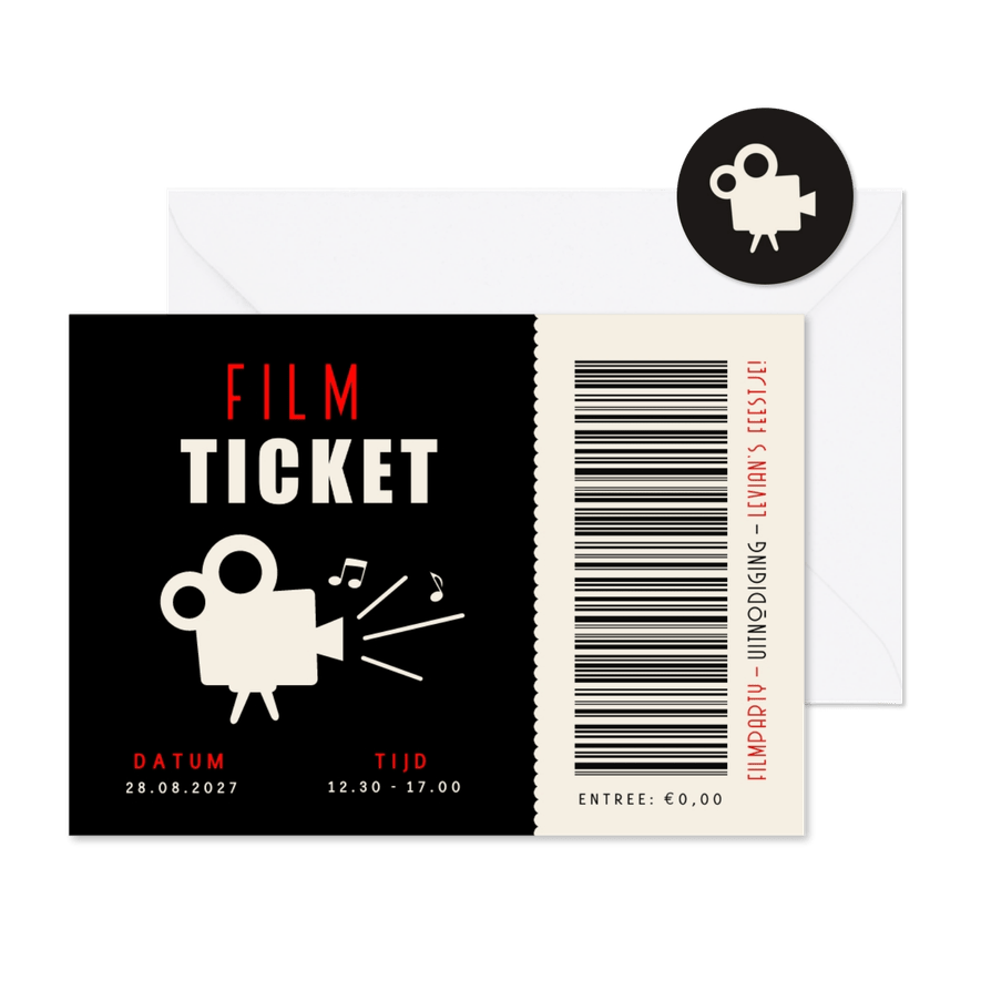 Uitnodiging kinderfeestje - ticket filmfeestje met camera - Kaartimpressie