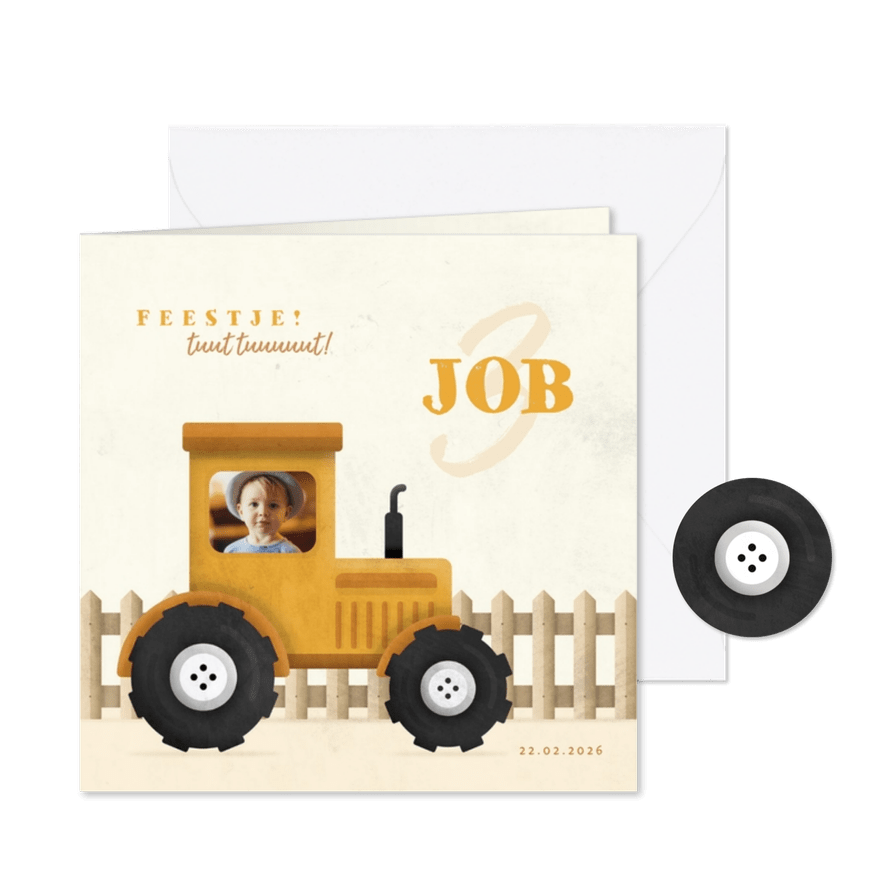 Uitnodiging kinderfeestje tractor met foto en hekje - Kaartimpressie