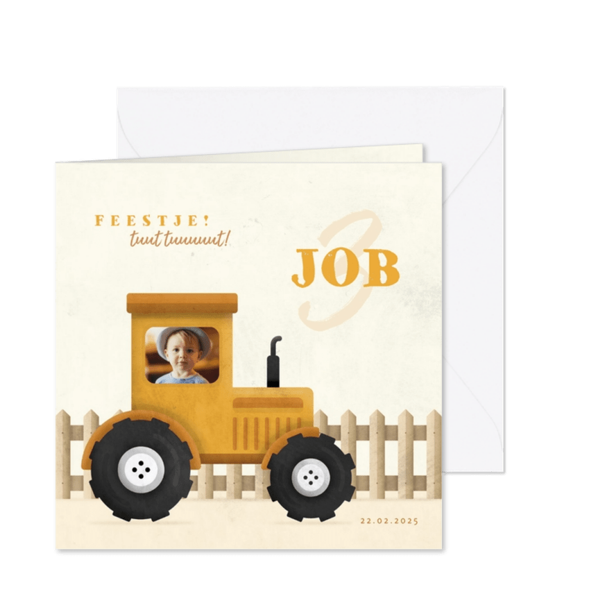 Uitnodiging kinderfeestje tractor met foto en hekje - Kaartimpressie