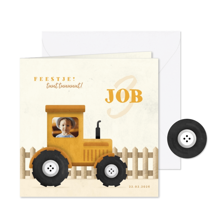 Uitnodiging kinderfeestje tractor met foto en hekje - Kaartimpressie