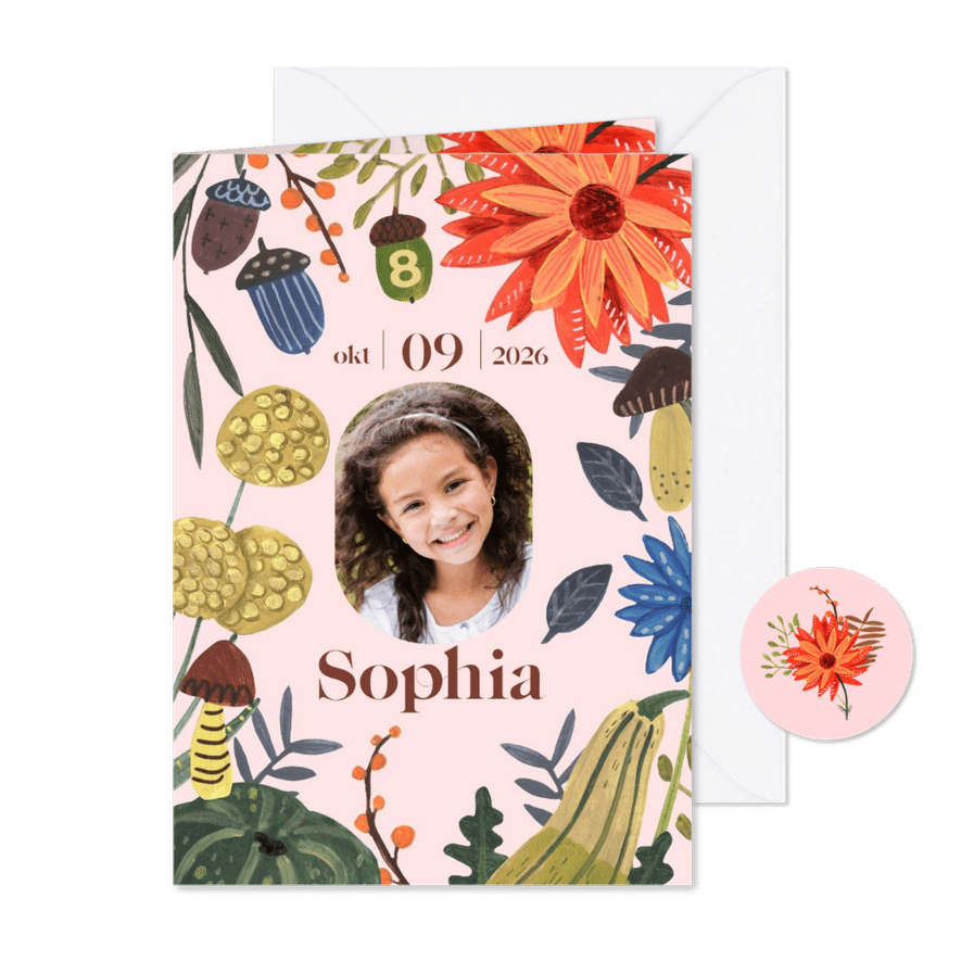 Uitnodiging kinderfeestje trendy herfst bloemen paddestoelen - Kaartimpressie