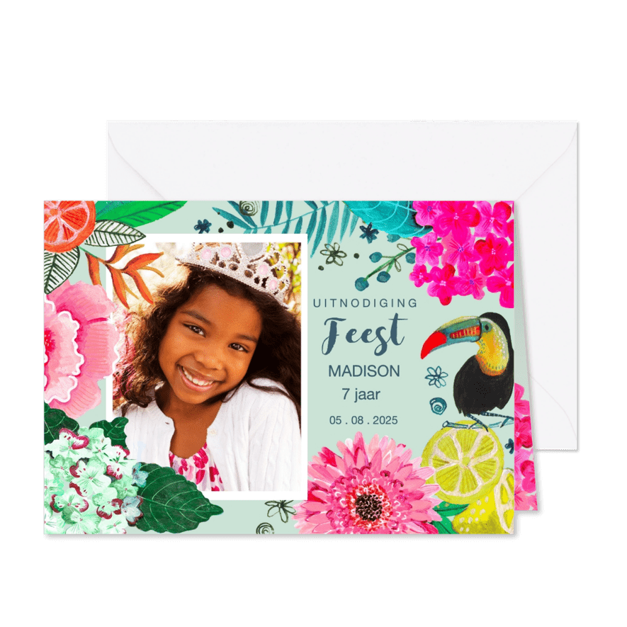 Uitnodiging Kinderfeestje Tropische Bloemen - Kaartimpressie