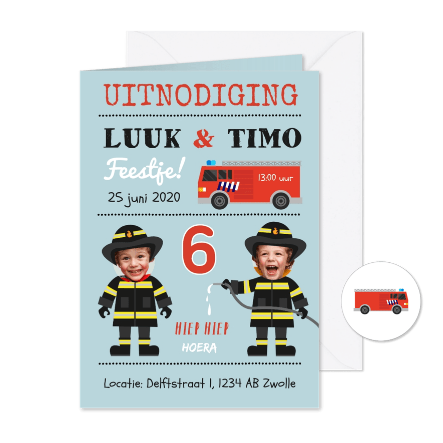 Uitnodiging kinderfeestje tweeling brandweer - Kaartimpressie