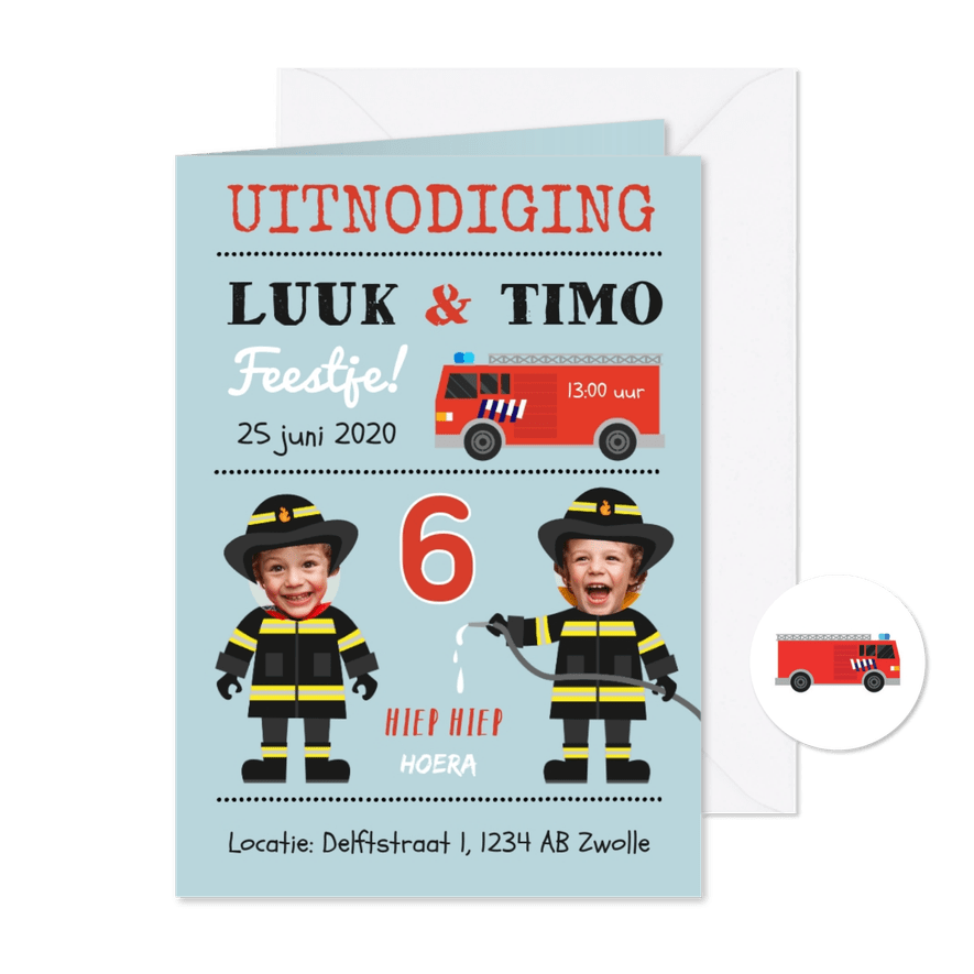 Uitnodiging kinderfeestje tweeling brandweer - Kaartimpressie