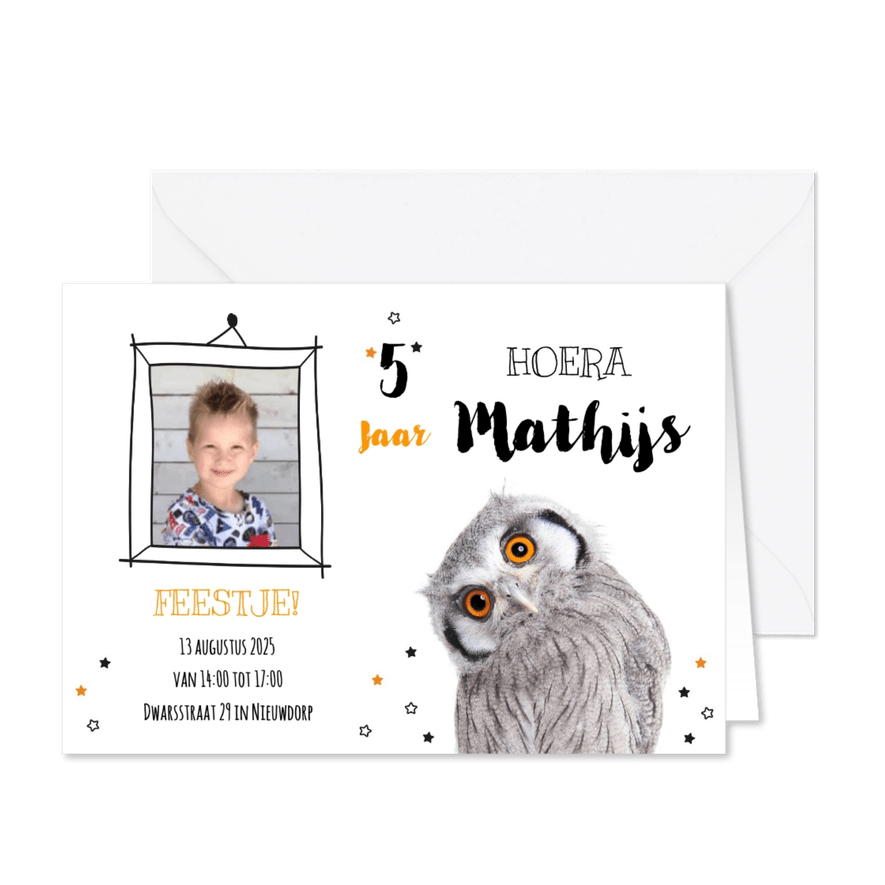 Uitnodiging - Kinderfeestje - Uiltje oranje ogen - Kaartimpressie