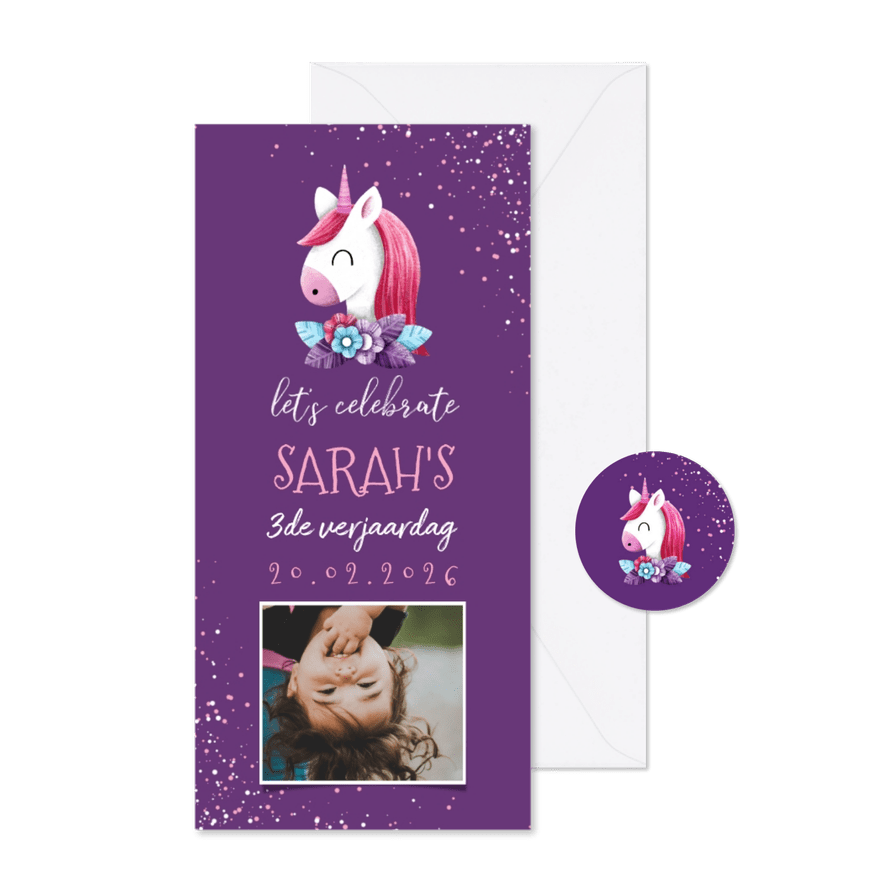 Uitnodiging kinderfeestje unicorn met confetti en foto - Kaartimpressie