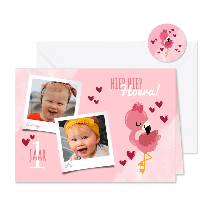 Uitnodiging kinderfeestje voor een tweeling met flamingo - Kaartimpressie