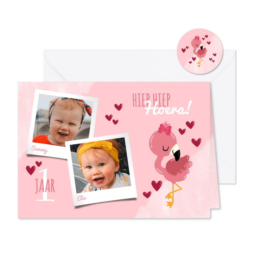 Uitnodiging kinderfeestje voor een tweeling met flamingo - Kaartimpressie