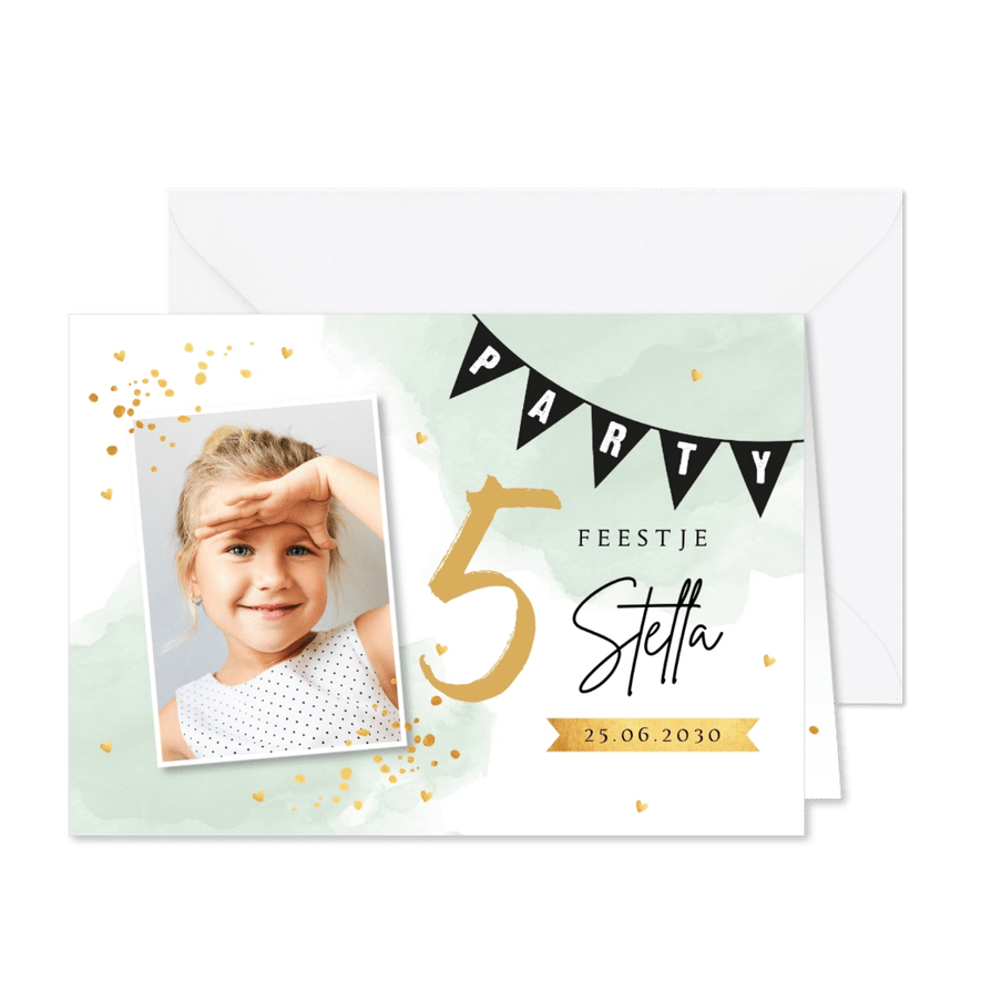 Uitnodiging kinderfeestje waterverf mintgroen foto slinger - Kaartimpressie