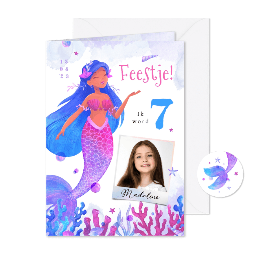 Uitnodiging kinderfeestje zeemeermin hip waterverf zwemmen - Kaartimpressie