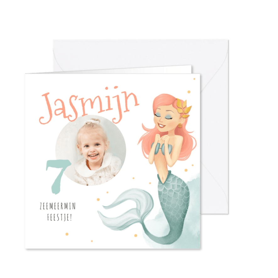 uitnodiging kinderfeestje zeemeermin met foto - Kaartimpressie