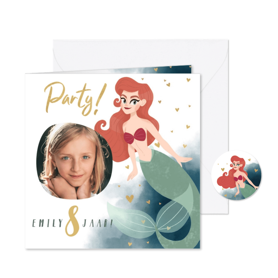 Uitnodiging kinderfeestje zeemeermin, waterverf en hartjes - Kaartimpressie