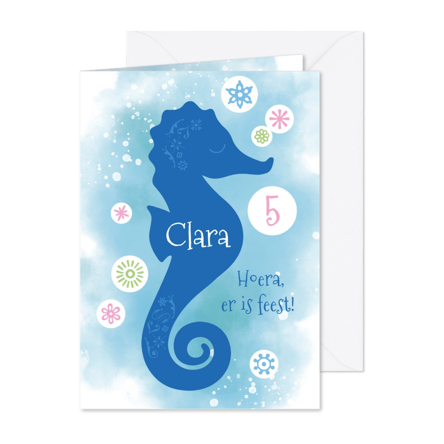 Uitnodiging kinderfeestje zeepaardje onderwater - Kaartimpressie