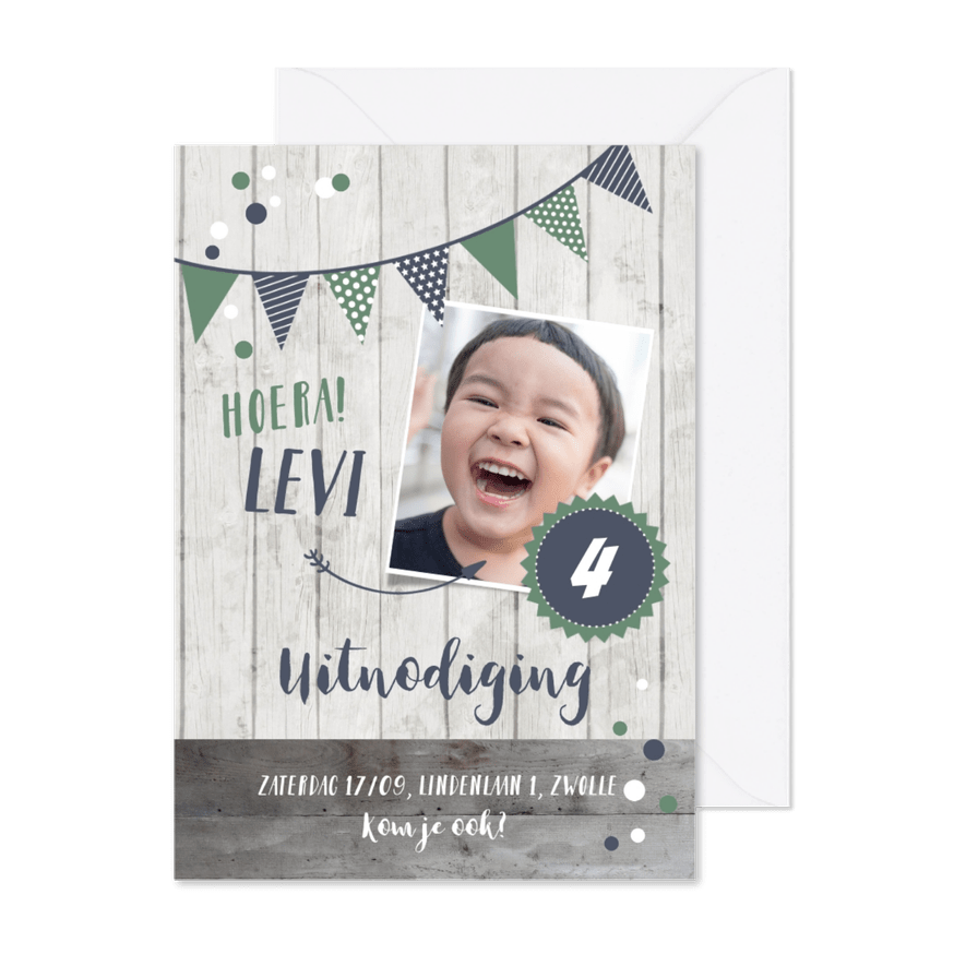 Uitnodiging kinderverjaardag blauw foto, slinger en confetti - Kaartimpressie