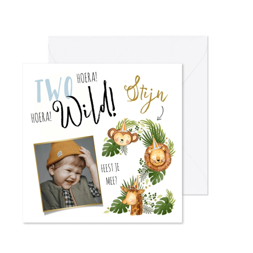 Uitnodiging kinderverjaardag met jungledieren en grote '2' - Kaartimpressie