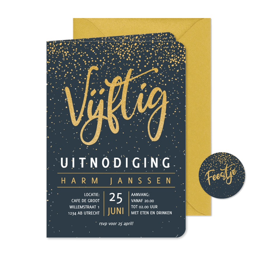 Uitnodiging kleine glitters goudlook met wit en teksten  - Kaartimpressie