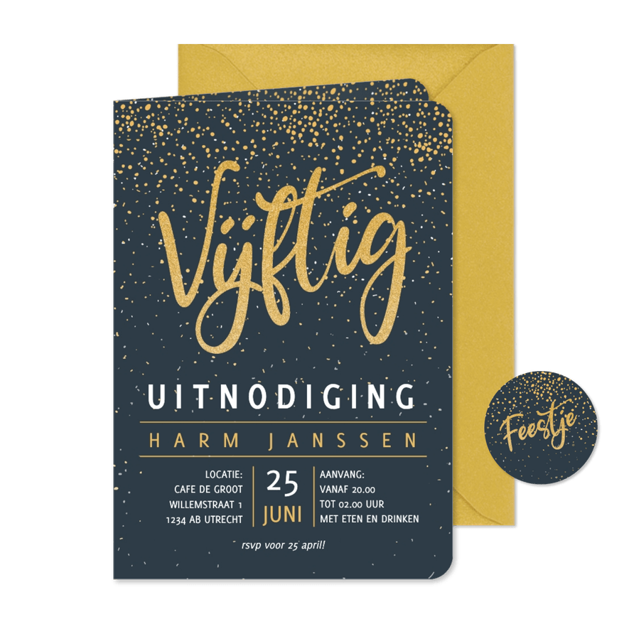 Uitnodiging kleine glitters goudlook met wit en teksten - Kaartimpressie