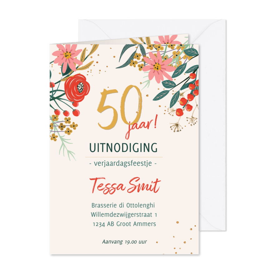 Uitnodiging kleurrijke bloemen met glitterlook - Kaartimpressie