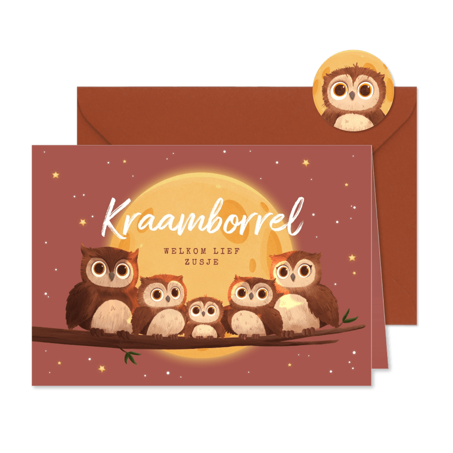 Uitnodiging kraamborrel derde kindje uilen familie - Kaartimpressie