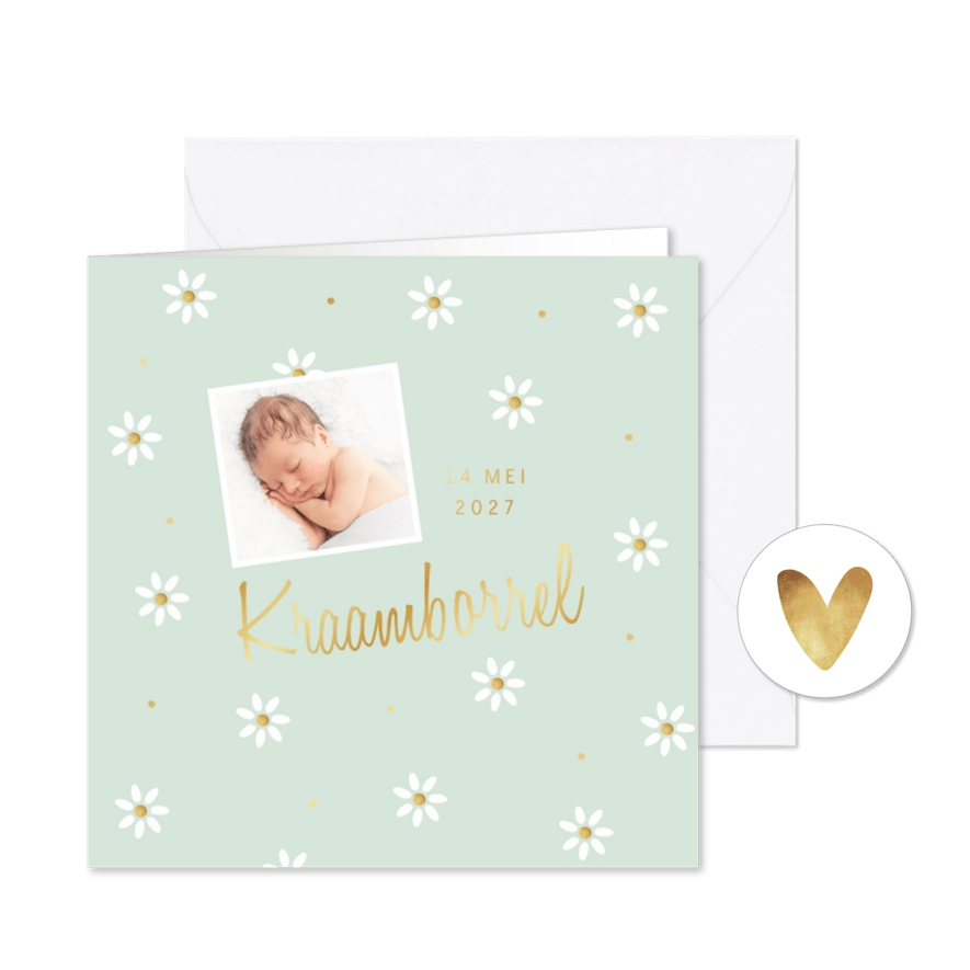 UItnodiging kraamborrel margrietjes goud lente zomer - Kaartimpressie