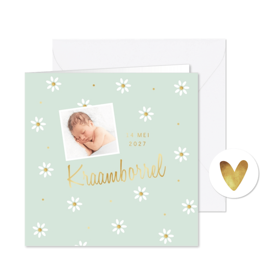 UItnodiging kraamborrel margrietjes goud lente zomer - Kaartimpressie