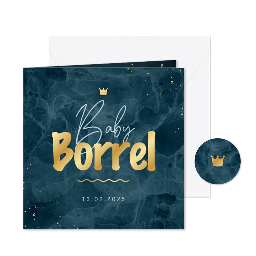Uitnodiging kraamborrel stoer stijlvol goud kroontje blauw  - Kaartimpressie