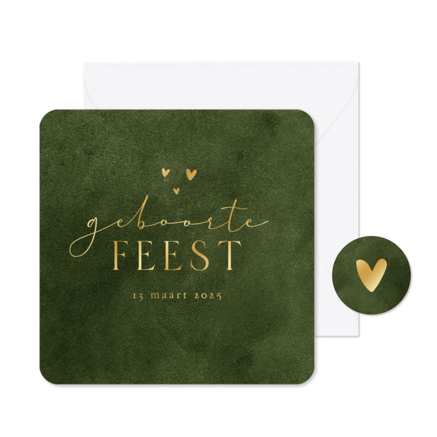 Uitnodiging kraamborrel velvet look groen natuurlijk hartje - Kaartimpressie