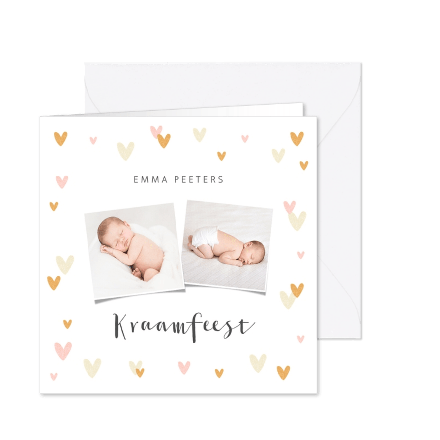 Uitnodiging kraamfeest baby meisje hartjes foto's - Kaartimpressie