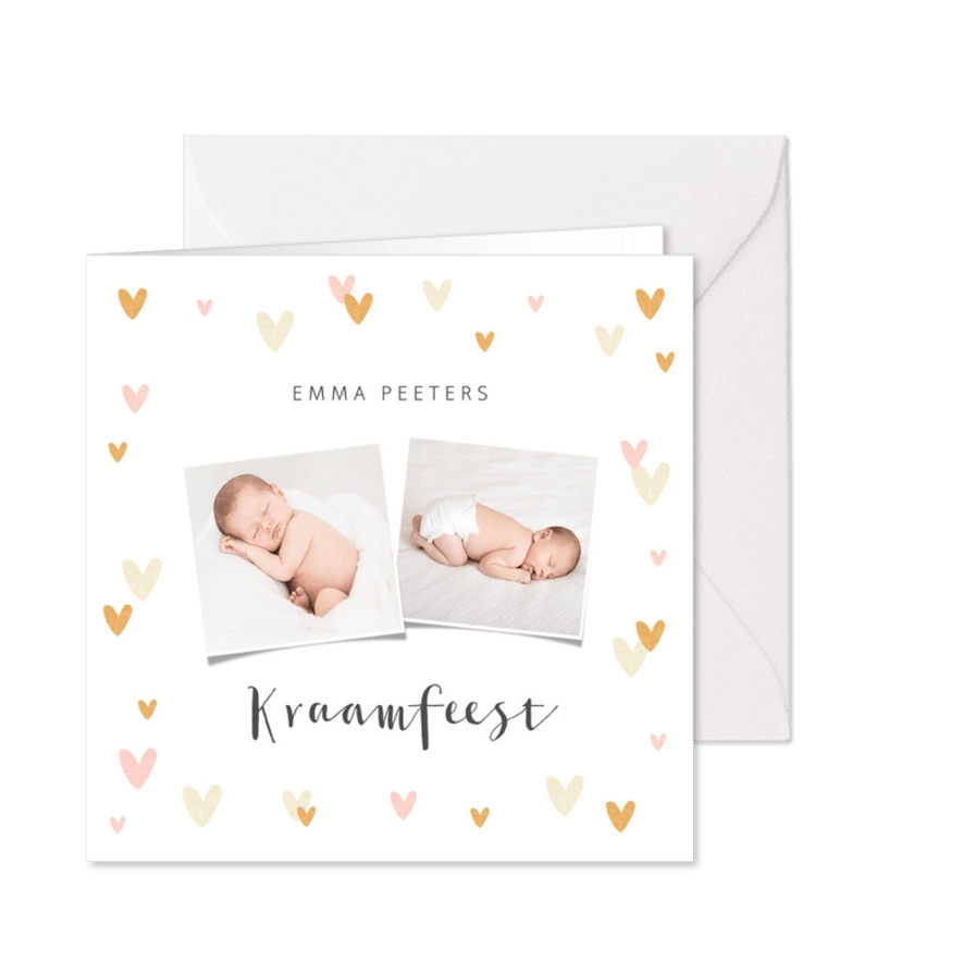 Uitnodiging kraamfeest baby meisje hartjes foto's - Kaartimpressie