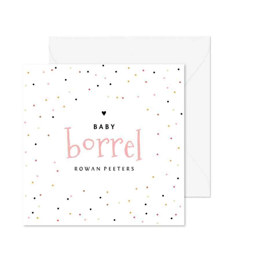 Uitnodiging kraamfeest babyborrel meisje confetti hartje - Kaartimpressie