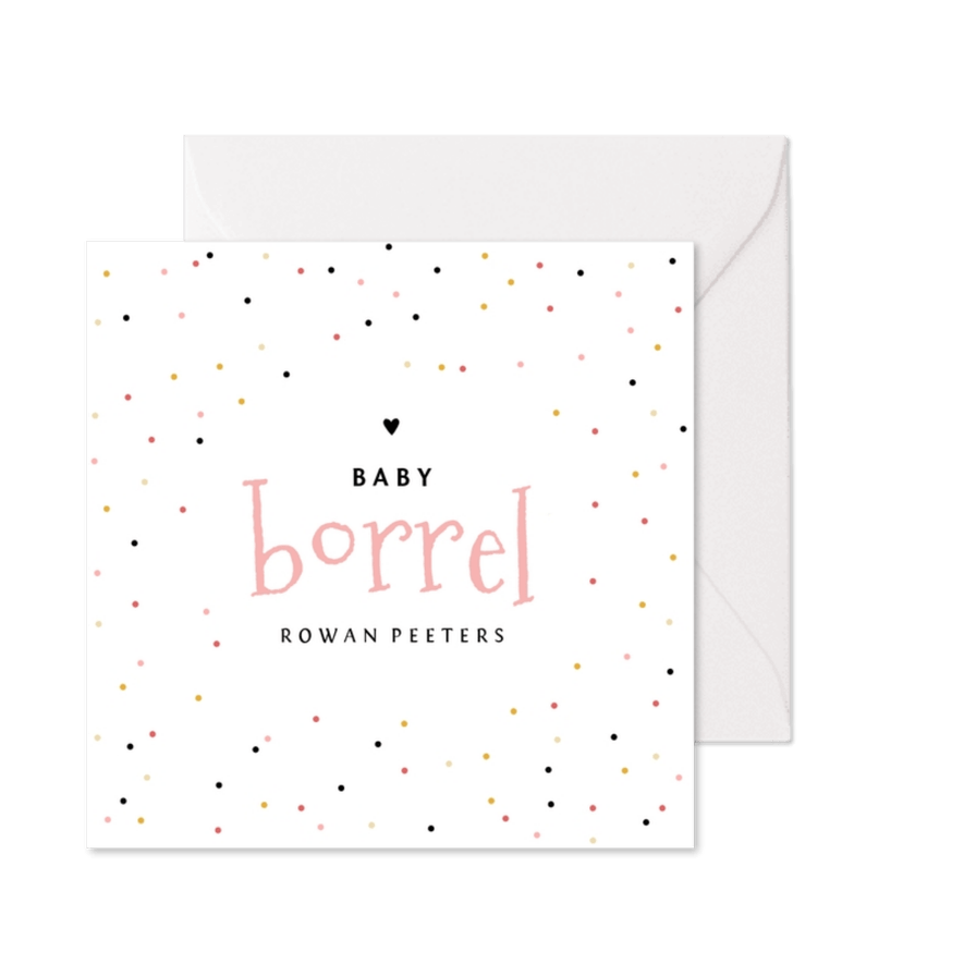 Uitnodiging kraamfeest babyborrel meisje confetti hartje - Kaartimpressie
