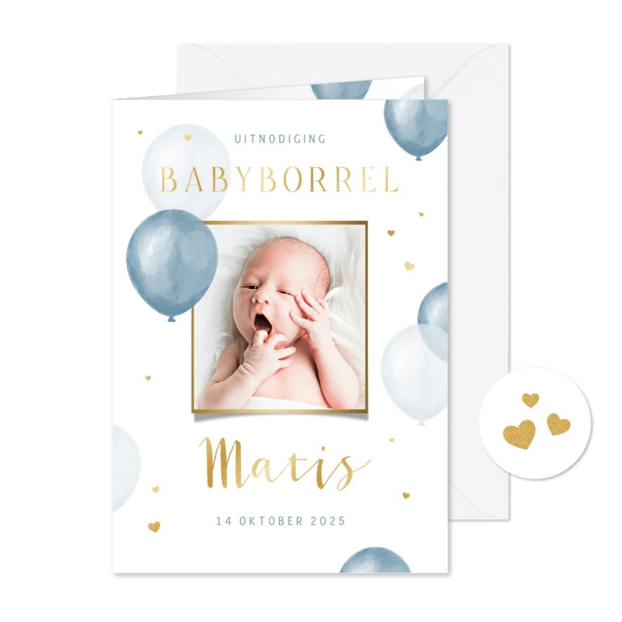 Uitnodiging kraamfeest ballonnen hartjes babyborrel  - Kaartimpressie