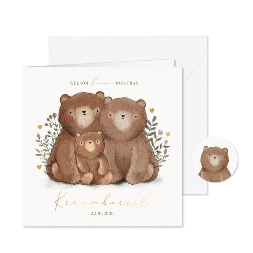 Uitnodiging kraamfeest berenfamilie plantjes & hartjes - Kaartimpressie