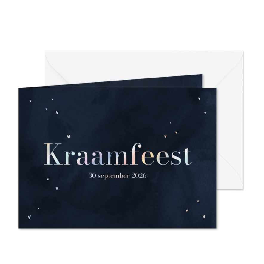 Uitnodiging kraamfeest donkerblauwe waterverf en holo hartje - Kaartimpressie