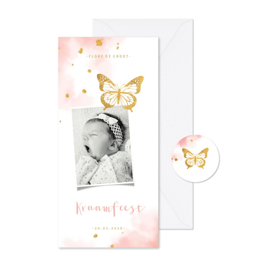 Uitnodiging kraamfeest  gouden vlinder met waterverf - Kaartimpressie