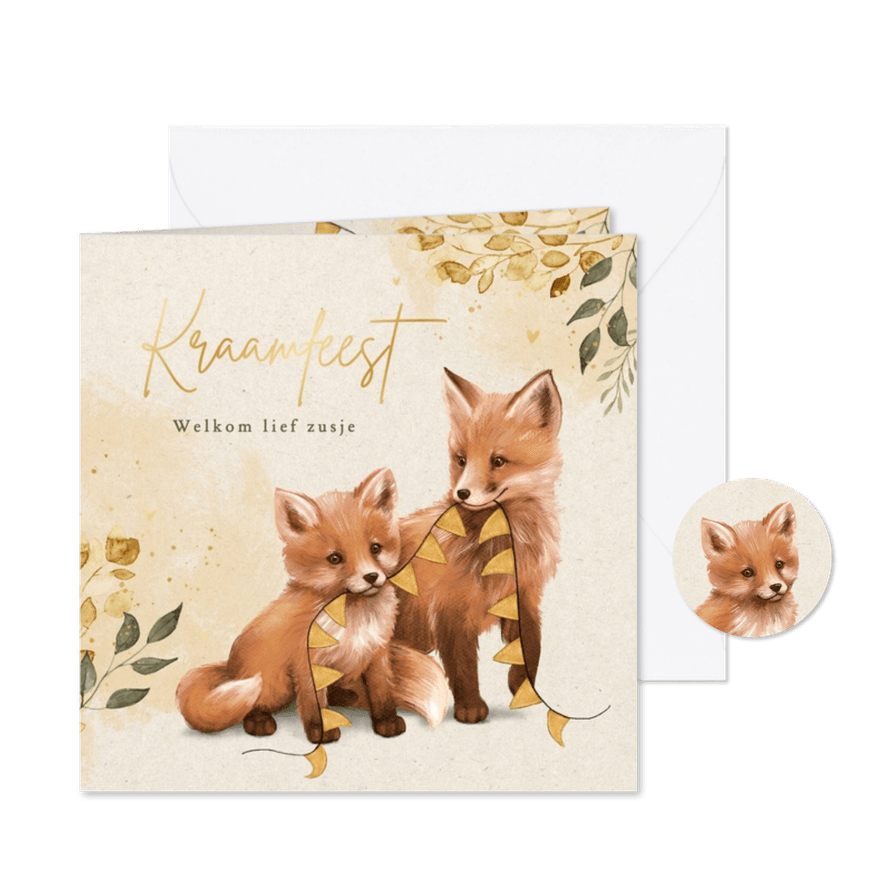 Uitnodiging kraamfeest lief zusje of broertje herfst vosjes  - Kaartimpressie