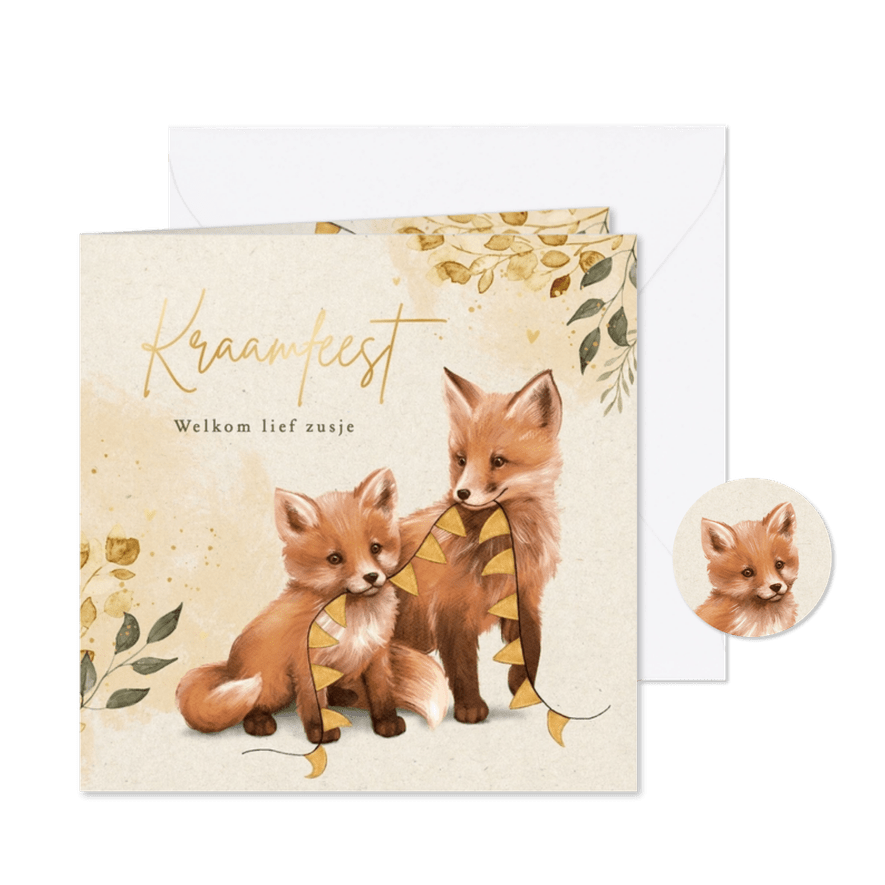 Uitnodiging kraamfeest lief zusje of broertje herfst vosjes  - Kaartimpressie