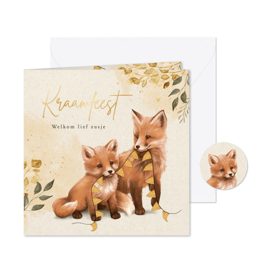 Uitnodiging kraamfeest lief zusje of broertje herfst vosjes  - Kaartimpressie