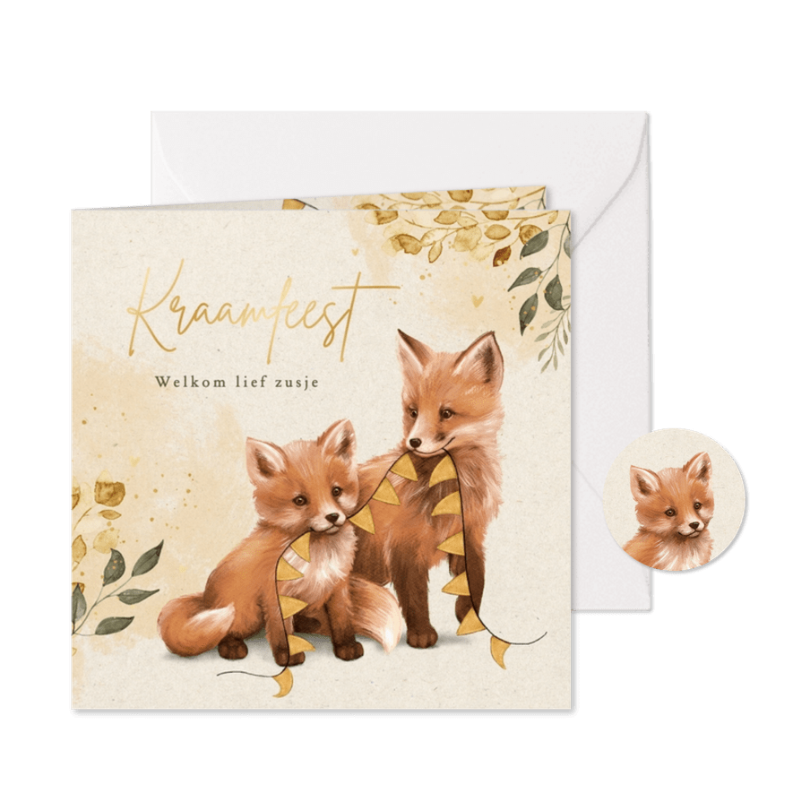 Uitnodiging kraamfeest lief zusje of broertje herfst vosjes - Kaartimpressie