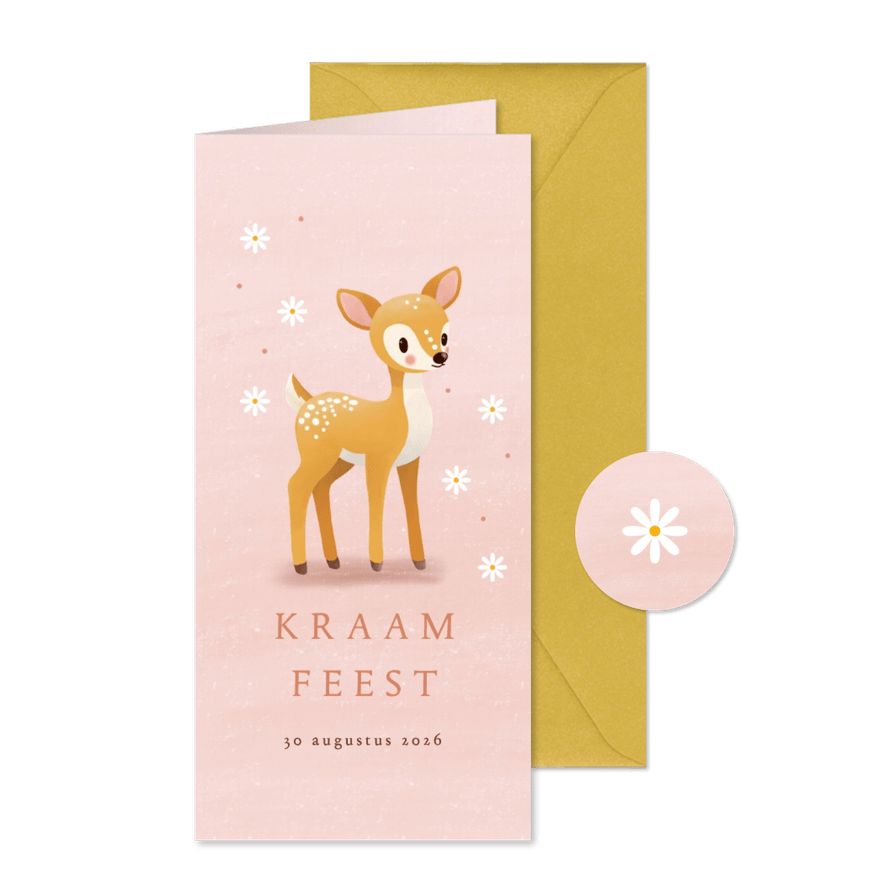 Uitnodiging kraamfeest meisje hertje en bloemen - Kaartimpressie